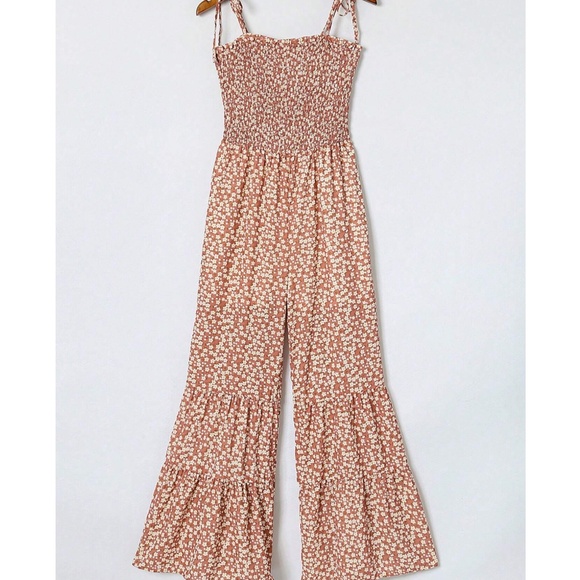 Boho Floral Print Shirred Bodice bell Bottom Cami Jumpsuit - Picture 4 of 8
